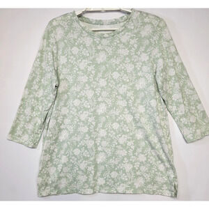 Lands End Shirt Womens Small Green Floral 3/4 Sleeve Cotton Tunic Top Cottage